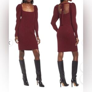 Charles Henry Square Neck Tie Back Puff Long sleeve sweater dress